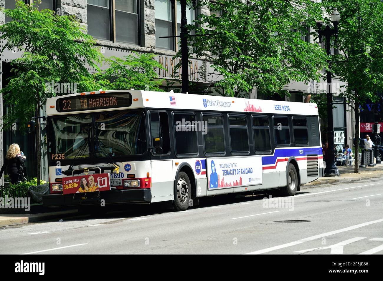 Chicago, Illinois, USA. A CTA bus in the Loop on Dearborn Street in