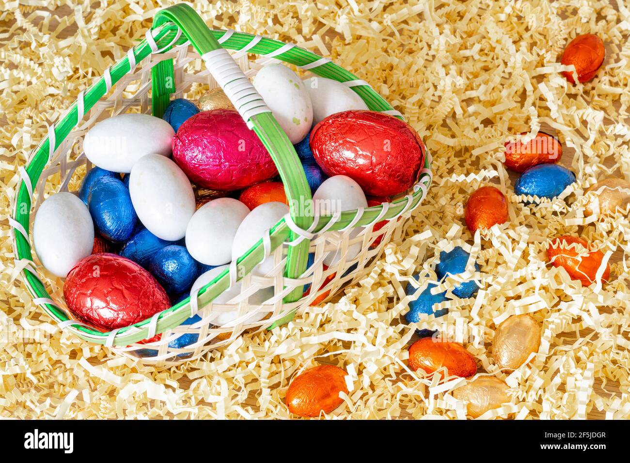 Easter. Basket with Easter eggs, on straw Stock Photo