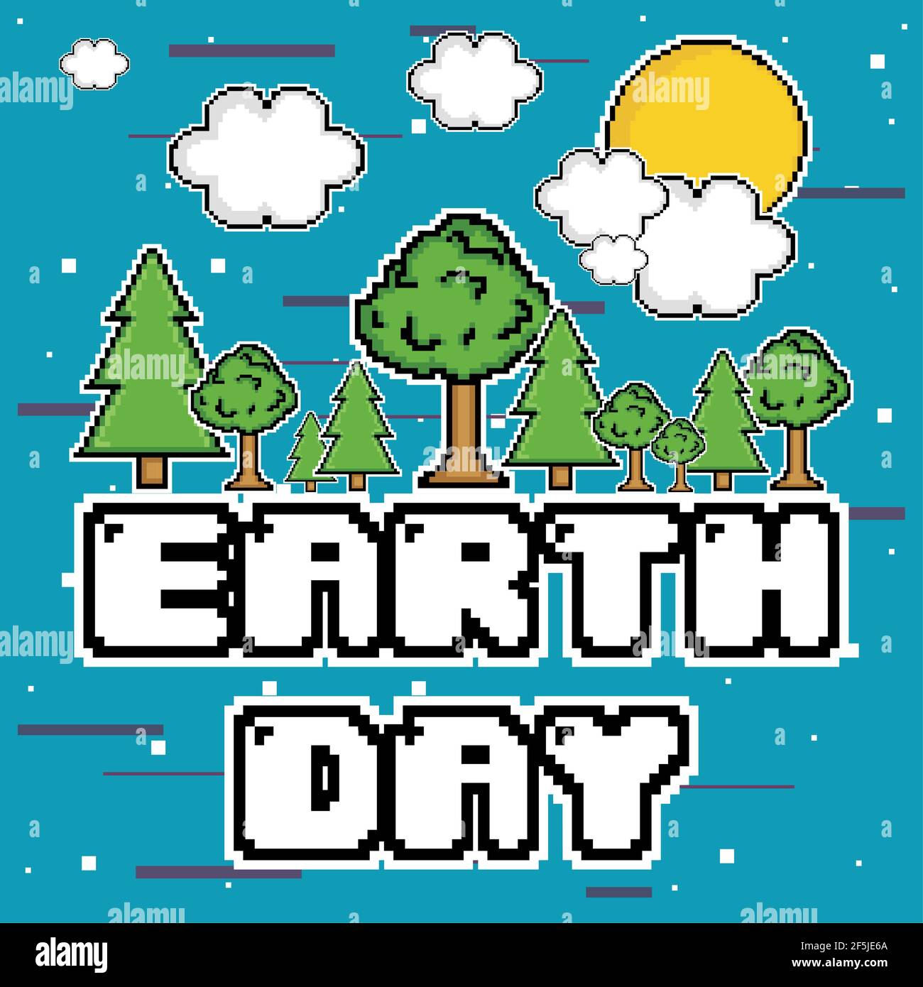 Pixelated trees and clouds. Earth day - Vector illustration Stock Vector