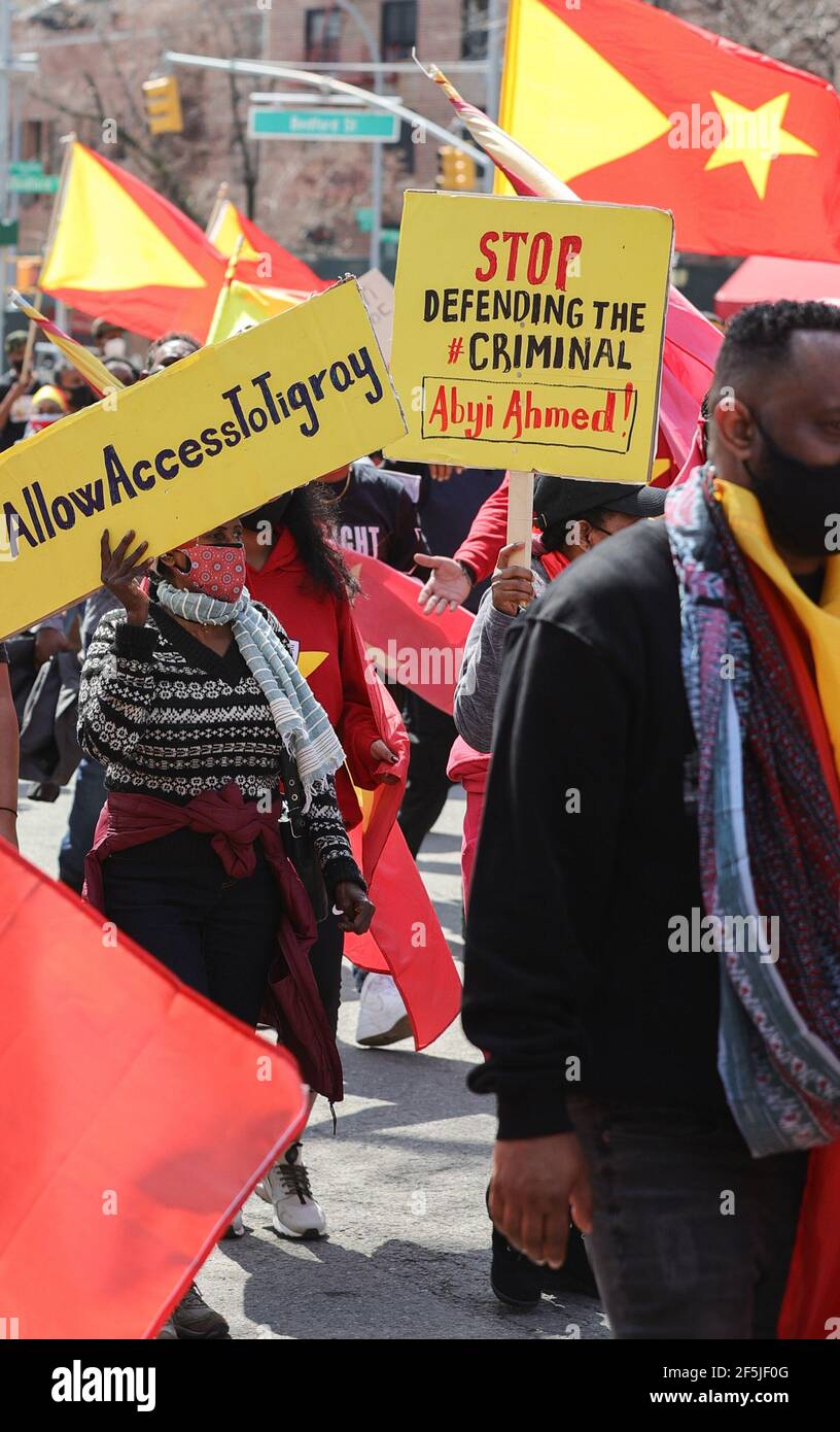 Six Avenue, New York, USA, March 26, 2021 - Anger and grief as thousands of members of the Tigray community marches against Ethiopian genocide in the streets of New York City.Photo: Luiz Rampelotto/EuropaNewswire PHOTO CREDIT MANDATORY. | usage worldwide Stock Photo