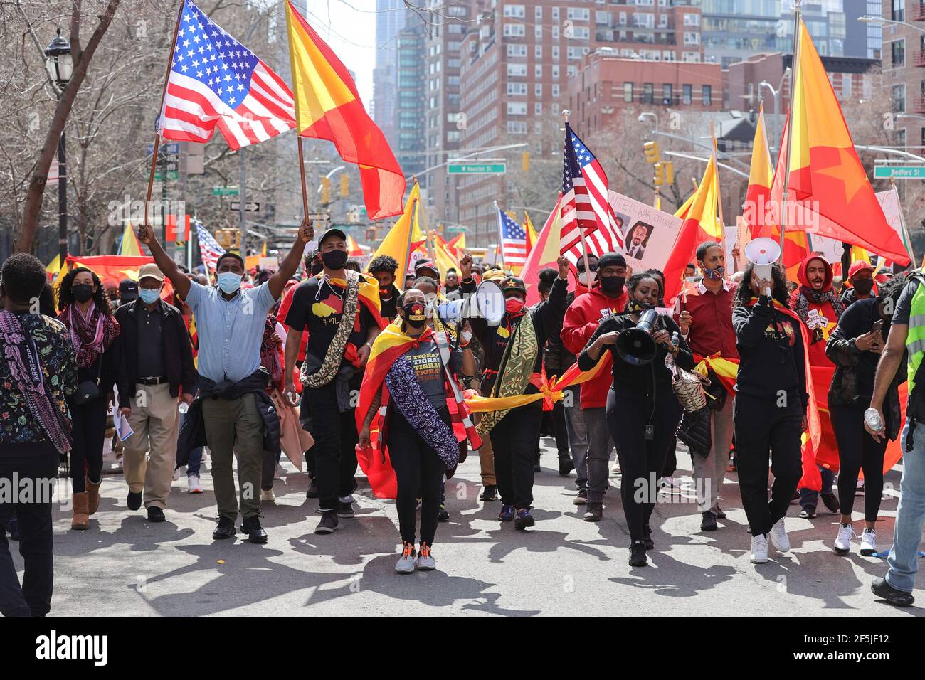 Six Avenue, New York, USA, March 26, 2021 - Anger and grief as thousands of members of the Tigray community marches against Ethiopian genocide in the streets of New York City.Photo: Luiz Rampelotto/EuropaNewswire PHOTO CREDIT MANDATORY. | usage worldwide Stock Photo