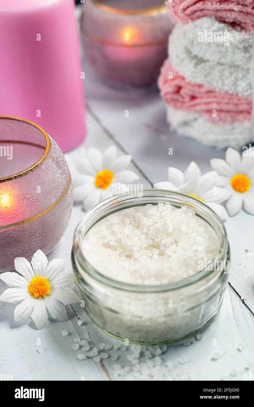 Bath salts in a glass container Stock Photo Alamy