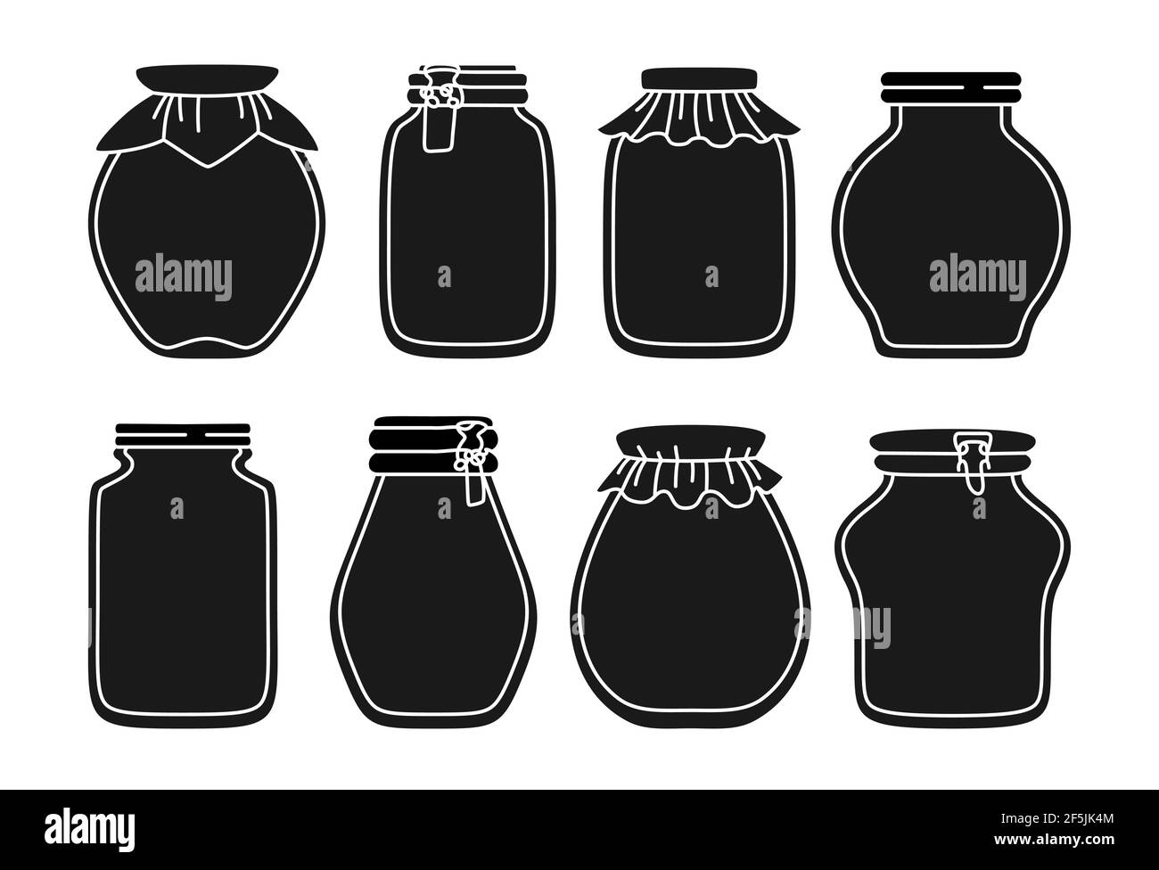 Empty jar doodle black glyph set. Contour label packaging jam drawing for notes, date or price. Cartoon juice tag or sticker. Frame product farmer market outline mockup vector illustration Stock Vector