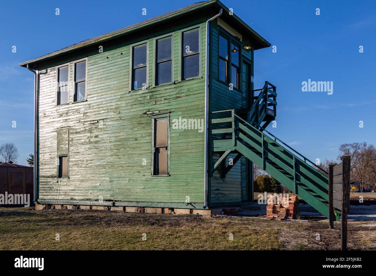 The 1906 Grasselli Interlocking Railroad Tower stands at the Hoosier