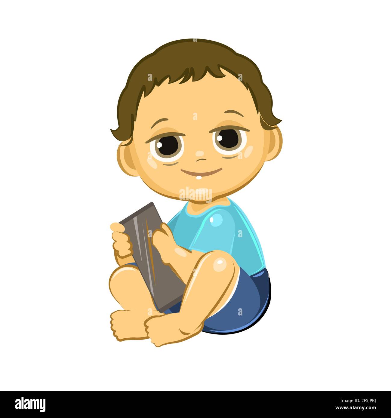 Little child. Boy. Sits playing on a smartphone. Isolated object on a white background. Cheerful kind funny. Cartoons flat style. Preschool age Stock Vector