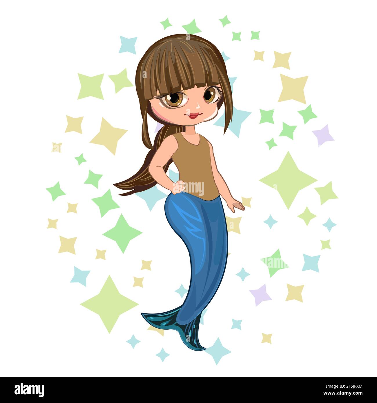 Little mermaid girl. Flirts. Handsome fashionable child. The isolated object on a white background. Vector illustration Stock Vector