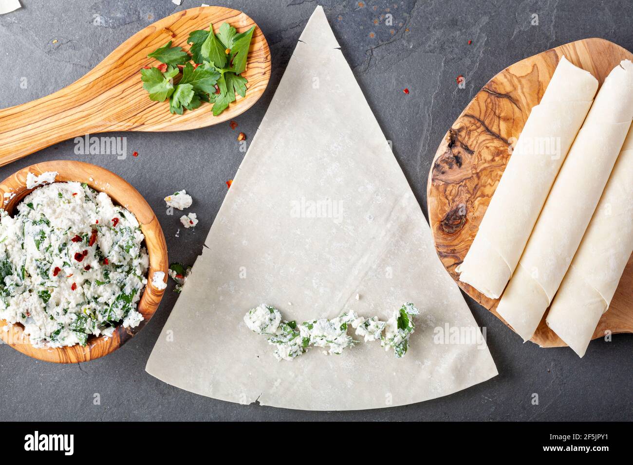 Ingredients and preparation of traditional turkish phyllo dough rolls