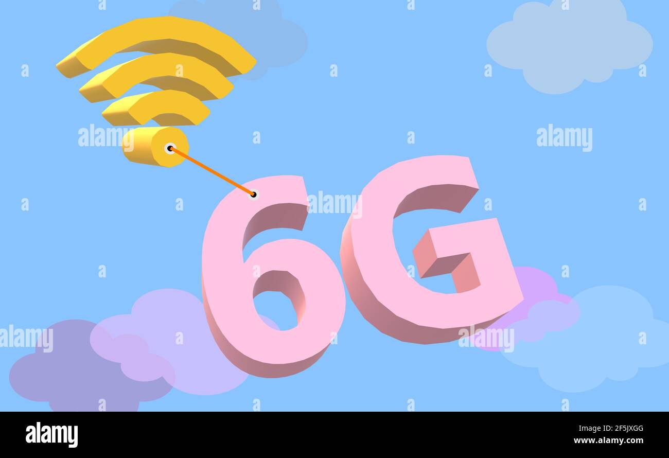 WIRELESS SYMBOL carrying 6G through the clouds. Technological novelty. Cellular mobile communications. Sixth Generation Network Connectivity. Stock Photo