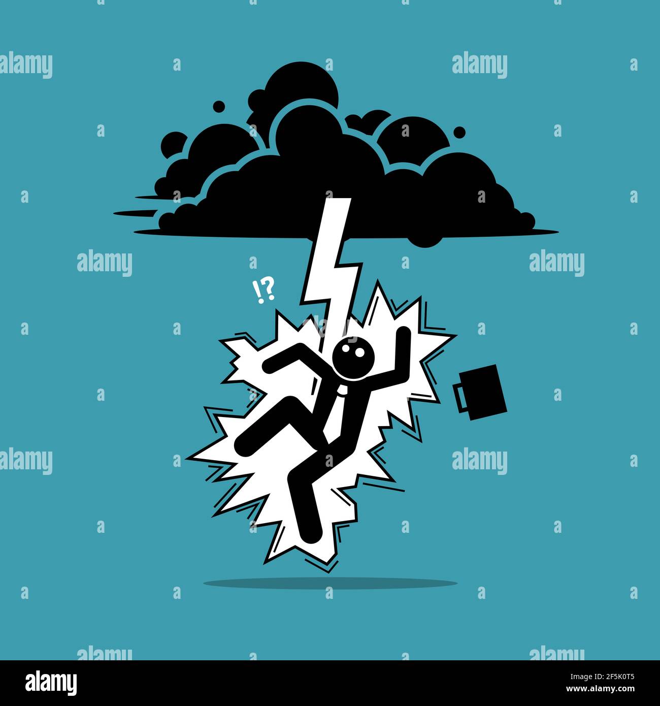 Businessman struck by lightning or thunder from the dark cloud. Vector illustration concept of bad luck, misery, unfortunate, unlucky, disaster, risk, Stock Vector