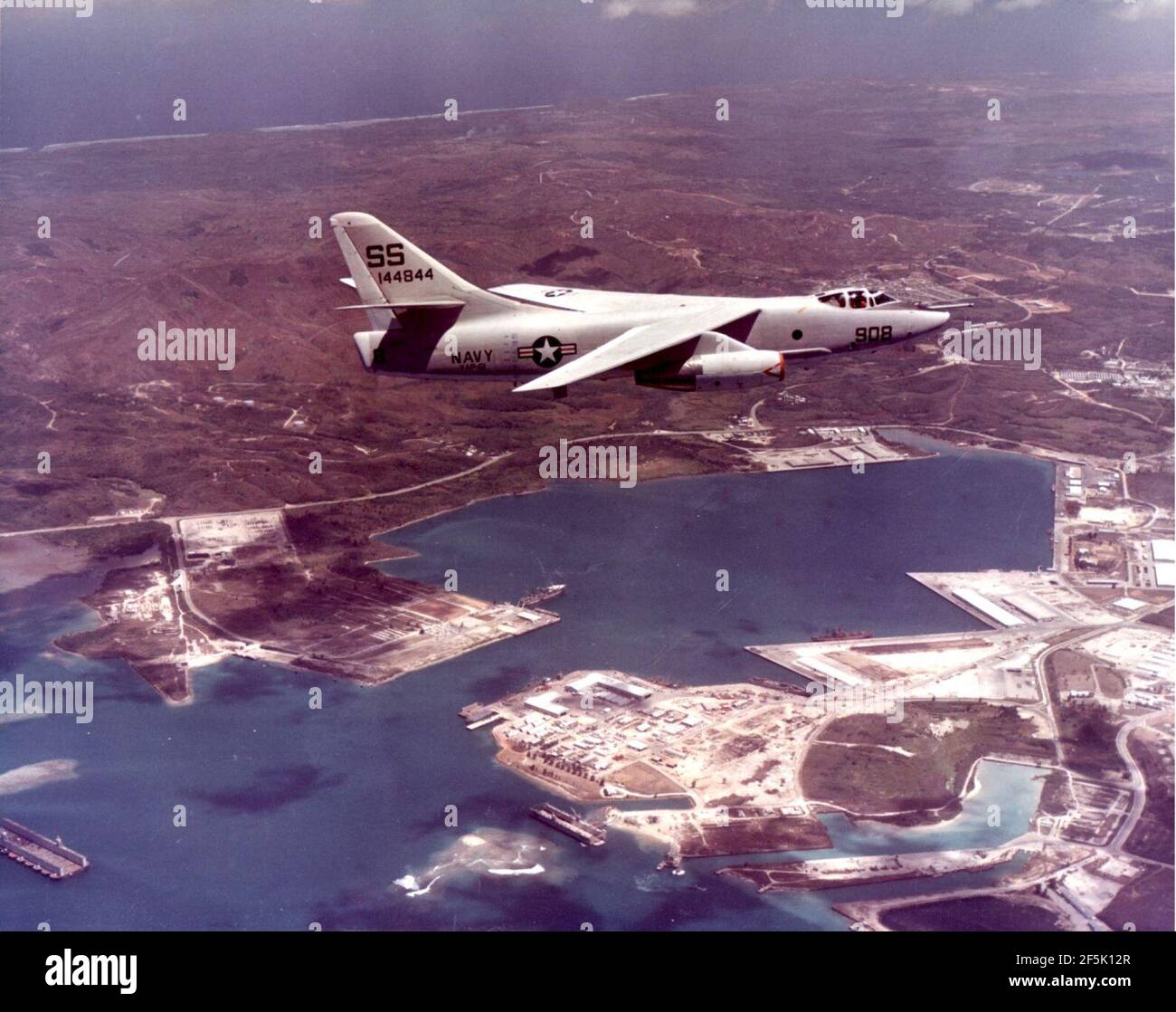 RA-3B Skywarrior of VAP-61 over Naval Station Guam in 1960s Stock Photo