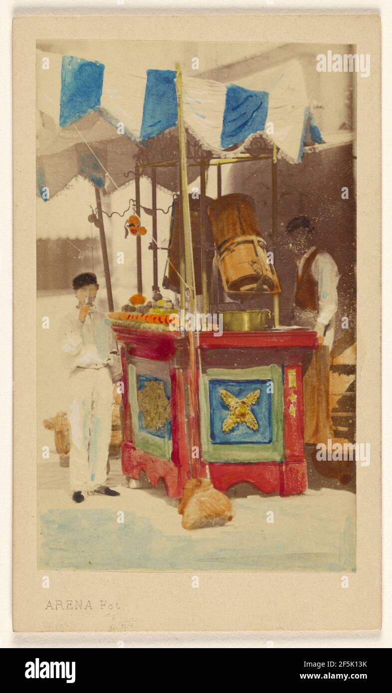 Juice seller at cart with customer imbibing, both standing. Giacomo Arena (Italian, 1818 - 1906) Stock Photo