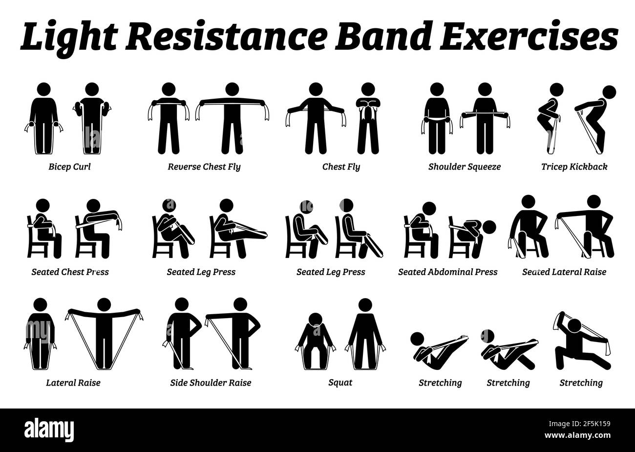 Light resistance band exercises and stretch workout techniques in step by step. Vector illustrations of stretching exercises poses, postures, and meth Stock Vector