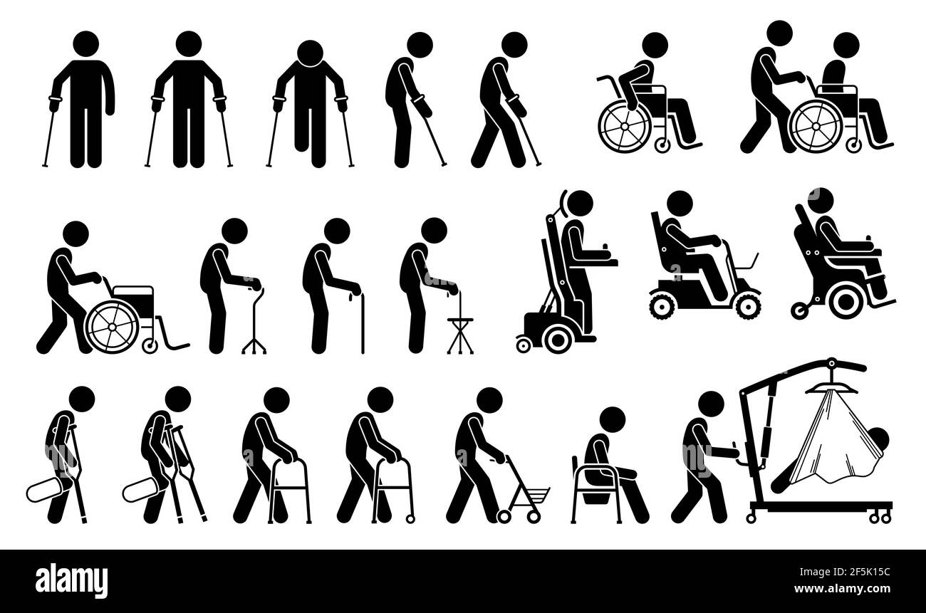 Mobility aids medical tools and equipment stick figure pictogram icons. Artwork signs symbols depicts man walking with crutches, wheelchair, cane, ele Stock Vector