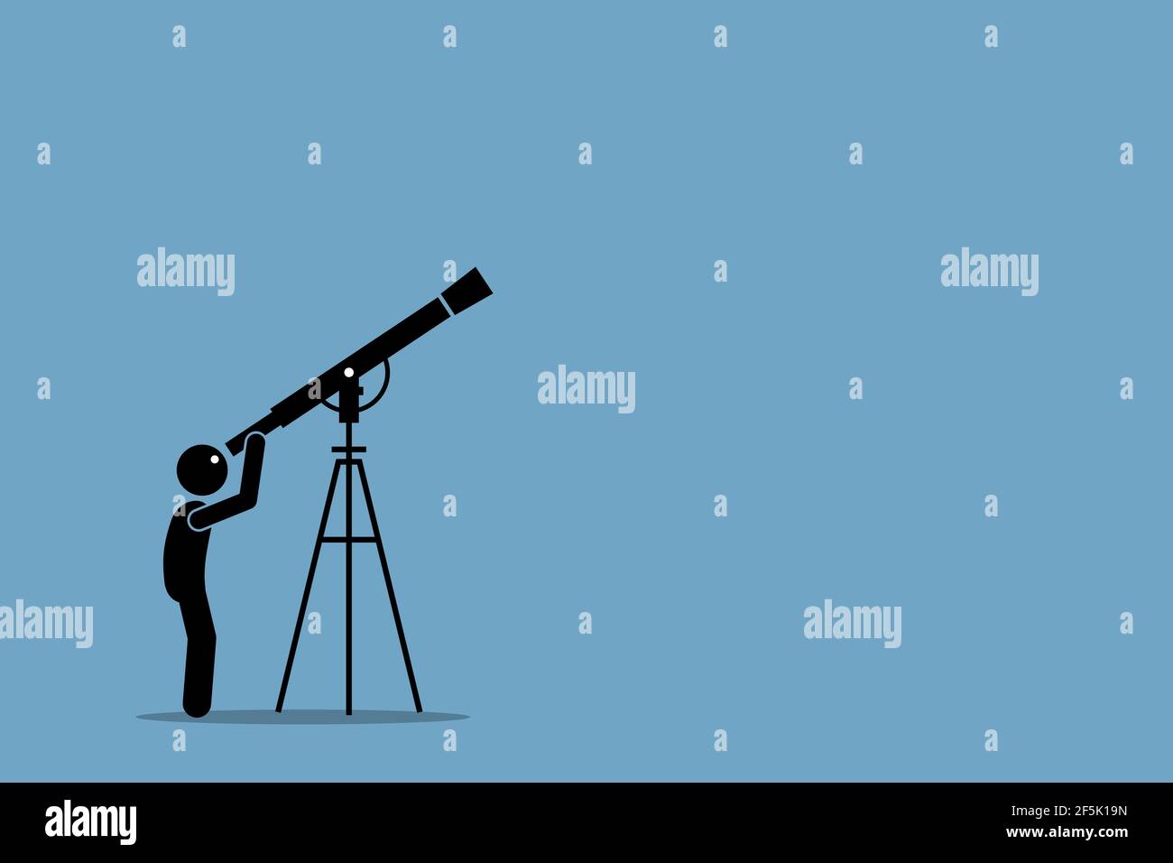 Stick figure man looking through telescope pointing to the sky. Vector illustration concept of star gazing, universe discovery, far away distant, spac Stock Vector