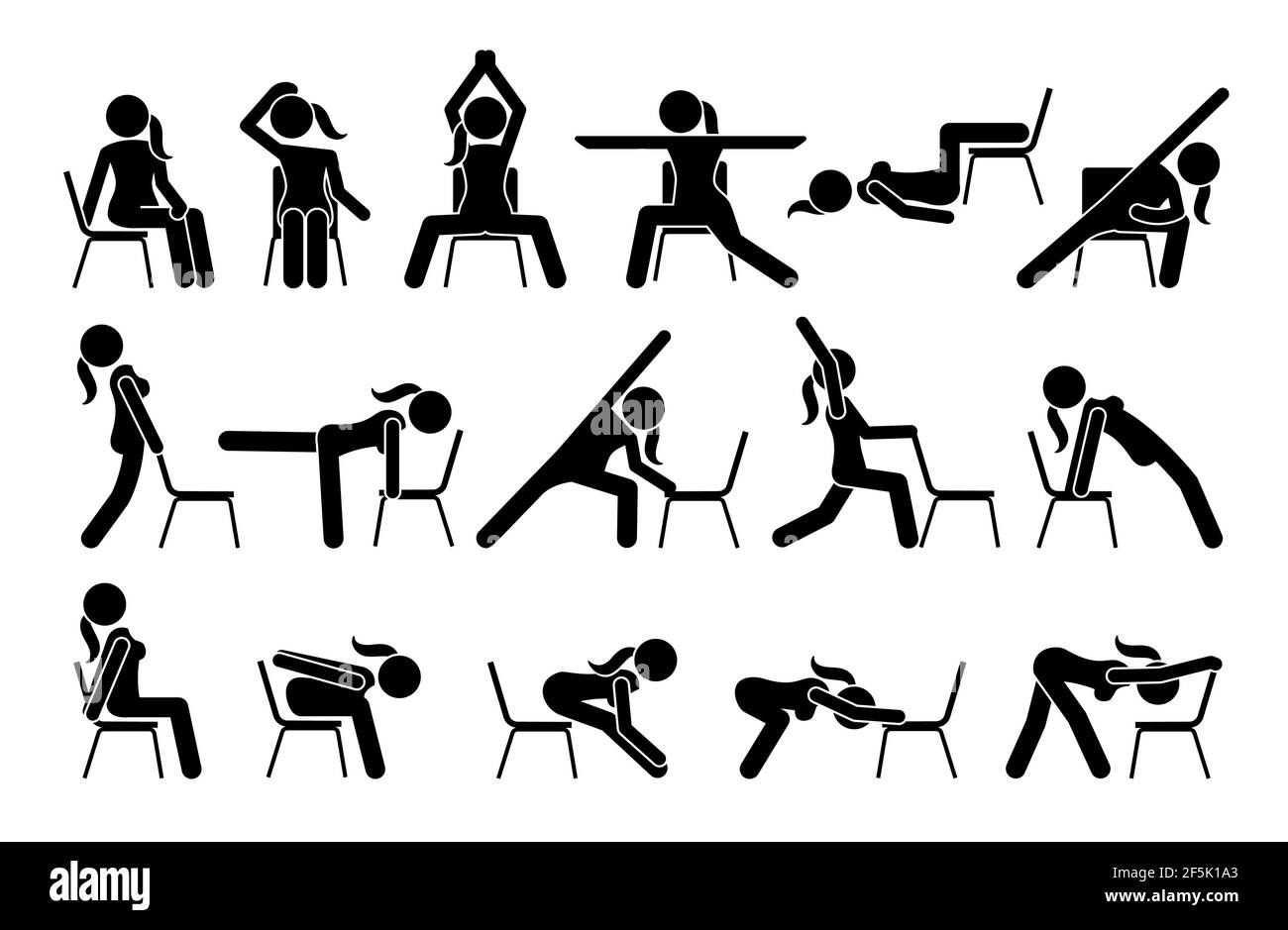 Chair yoga exercises stick figure pictogram icons. Vector illustrations of chair yoga postures, poses, and workout for beginners. Stock Vector