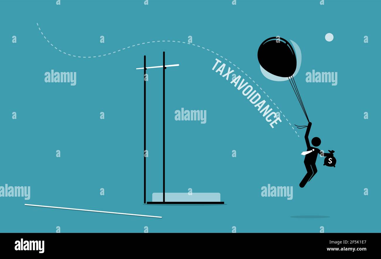 Taxpayer with money flying over a pole vault high bar with balloons to avoid paying tax. Vector illustration concept of tax avoidance, evasion, tax ex Stock Vector