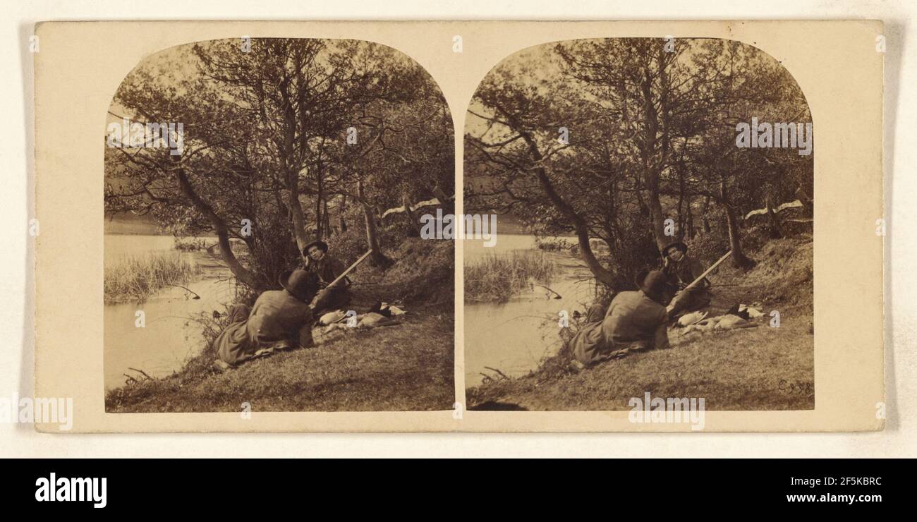 Two men sitting on a river bank, one man holding a shotgun. William ...