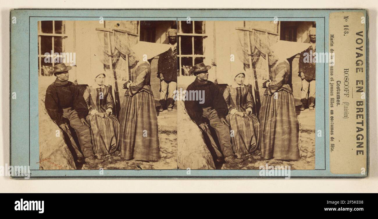 Voyage en Bretagne. Roscoff (Finistere) Costumes. Marin de la douane et jeunes filles en costumes de fete.. Furne Fils (French, active 1870s) Stock Photo
