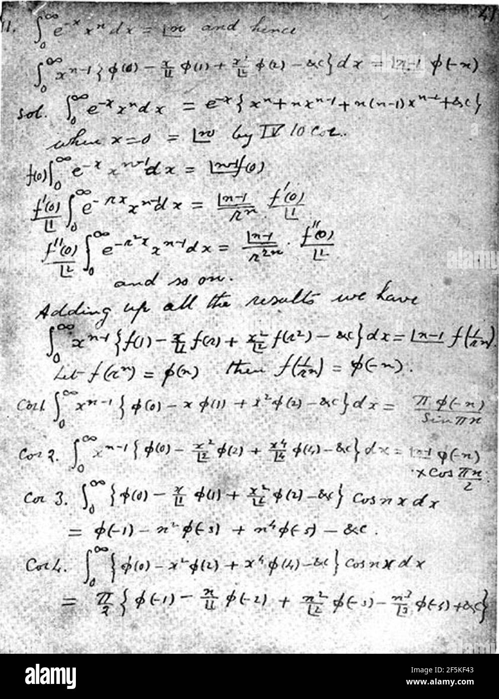 Ramanujan s master theorem page stock photo alamy