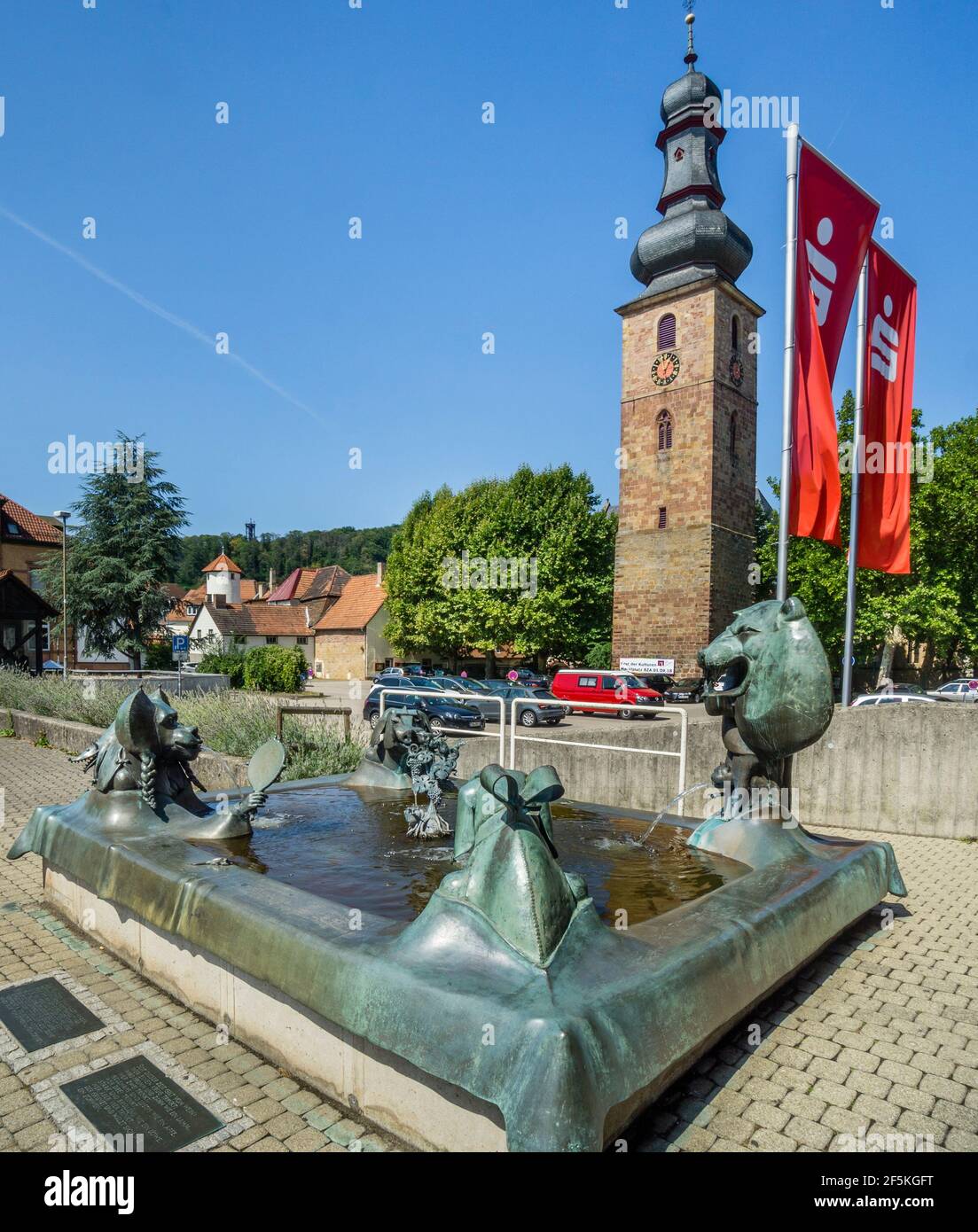 wine fountain at Bad Bergzabern on the German Wine Route is metaphorically pointing out the virtues and vices of wine drinking, Rhineland-Palatinate, Stock Photo