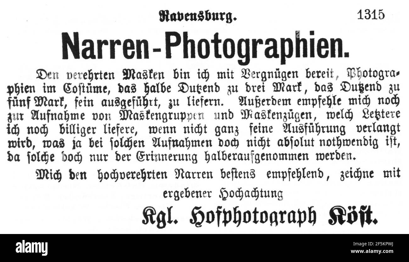 Ravensburg Fastnacht 1876 Photograph Köst. Stock Photo