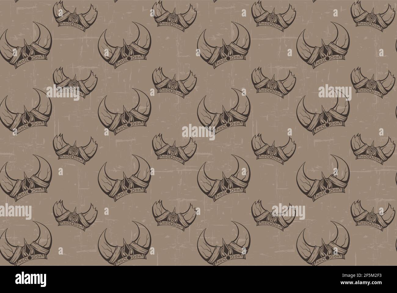 Seamless pattern with the contours of the sketch of the horned viking helmets and grunge scuff. Texture with the ammunition of the ancient warriors of Stock Vector