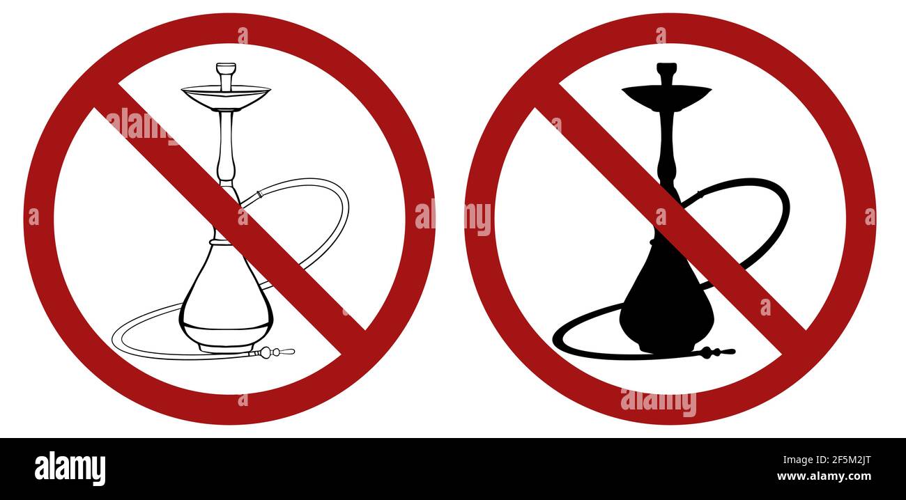 No smoking. Set of vector prohibiting red signs with silhouettes of hookahs. Smoking is harmful to your health. Restrictions during quarantine. Stock Vector