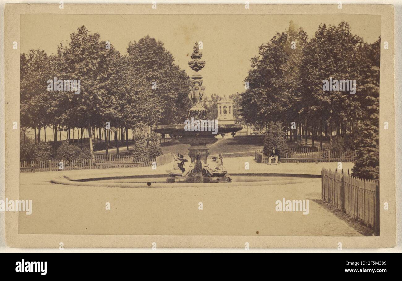 Unidentified view of a fountain in a garden, Europe. Unknown Stock Photo
