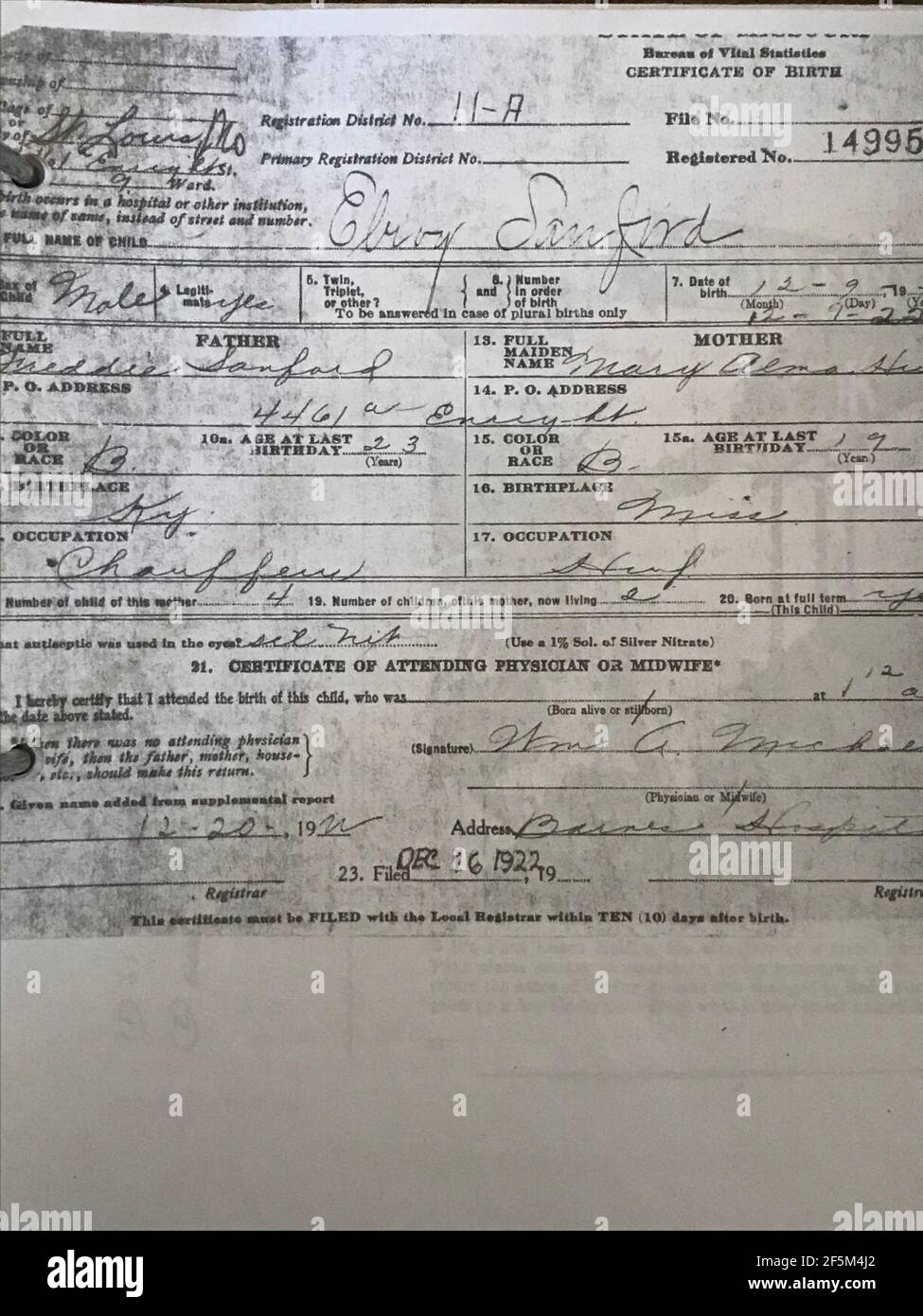 Redd Foxx 1922 Birth Certificate - View 1. Stock Photo