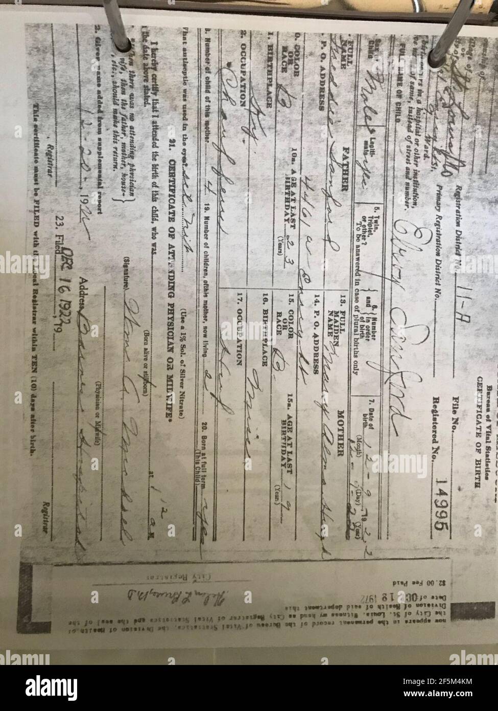 Redd Foxx 1922 Birth Certificate - View 2. Stock Photo