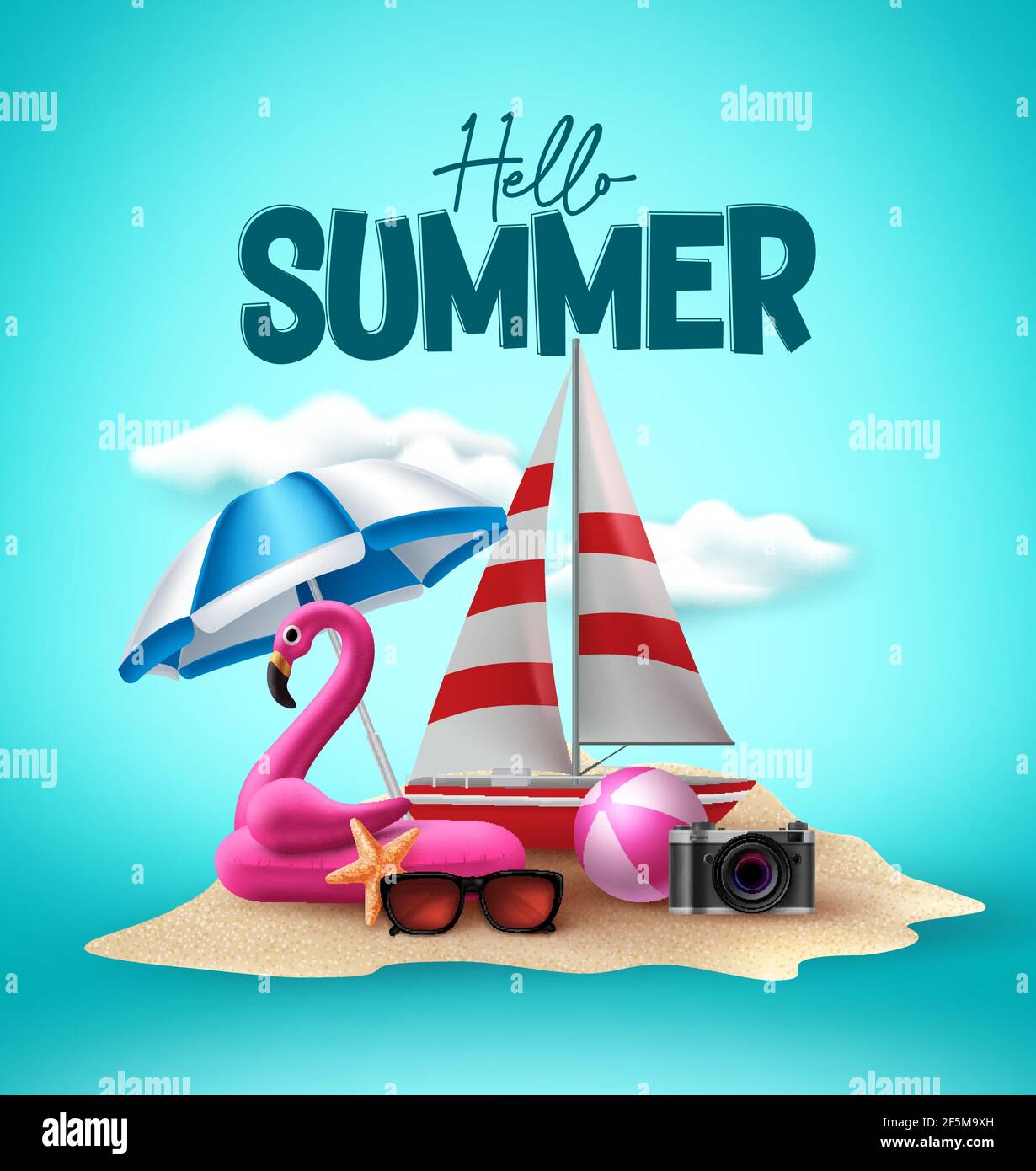Hello Summer Vector Design Summer Beach Elements And Hello Summer Text