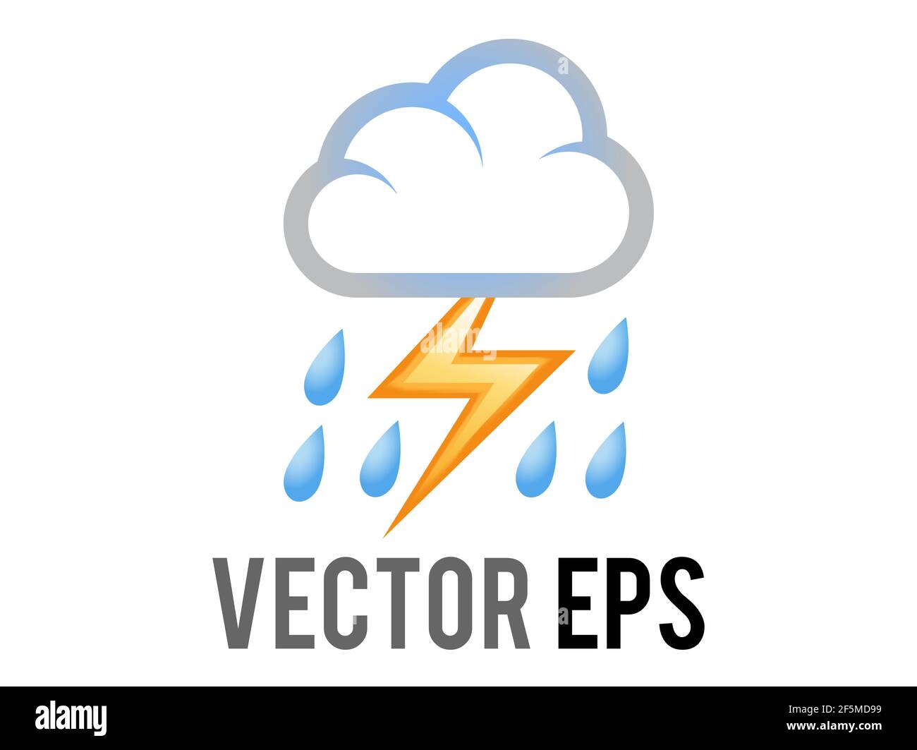 The isolated vector blue raindrops falling from  white cloud with lightning bolt flashing Stock Photo