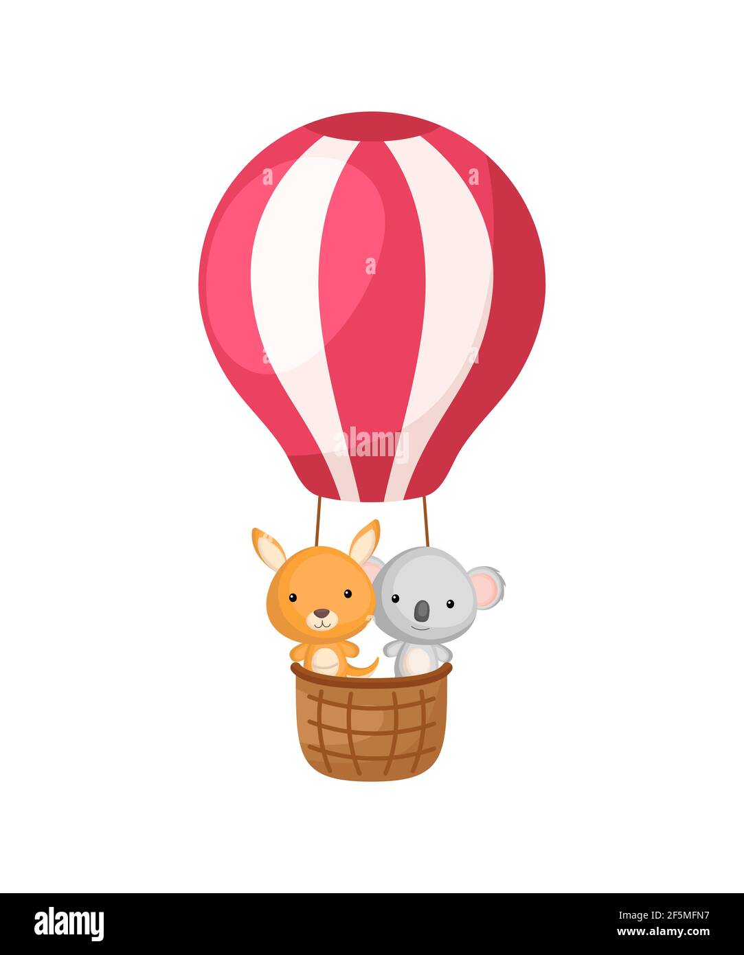 Cute little koala, kangaroo fly on red hot air balloon. Cartoon ...
