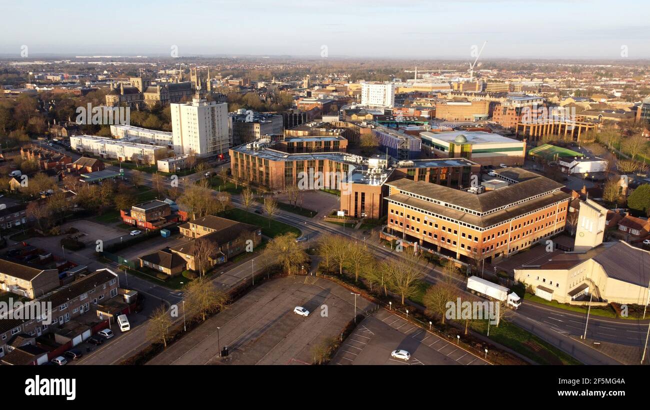 Peterborough, UK. 25th Mar, 2021. A view over Peterborough city centre ...
