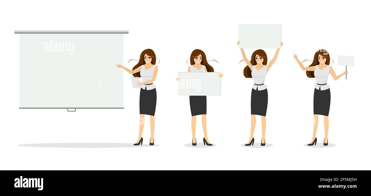 Businesswoman with blank white banner set. Beautiful business woman character pointing on presentation screen. Successful female manager holding posters and showing empty nameplate placard. Vector eps Stock Vector