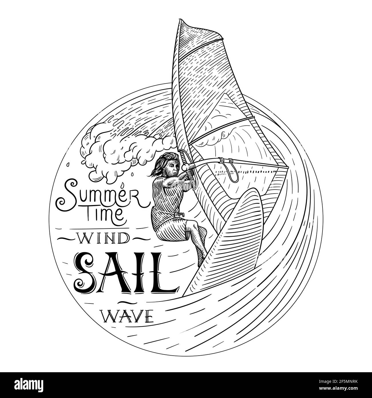 Windsurfing vector icon. black and white illustration, with an inscription. surfer on the wave. Stock Vector