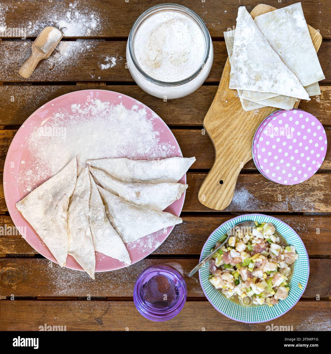 Making Chinese dumplings (wonton). Stock Photo