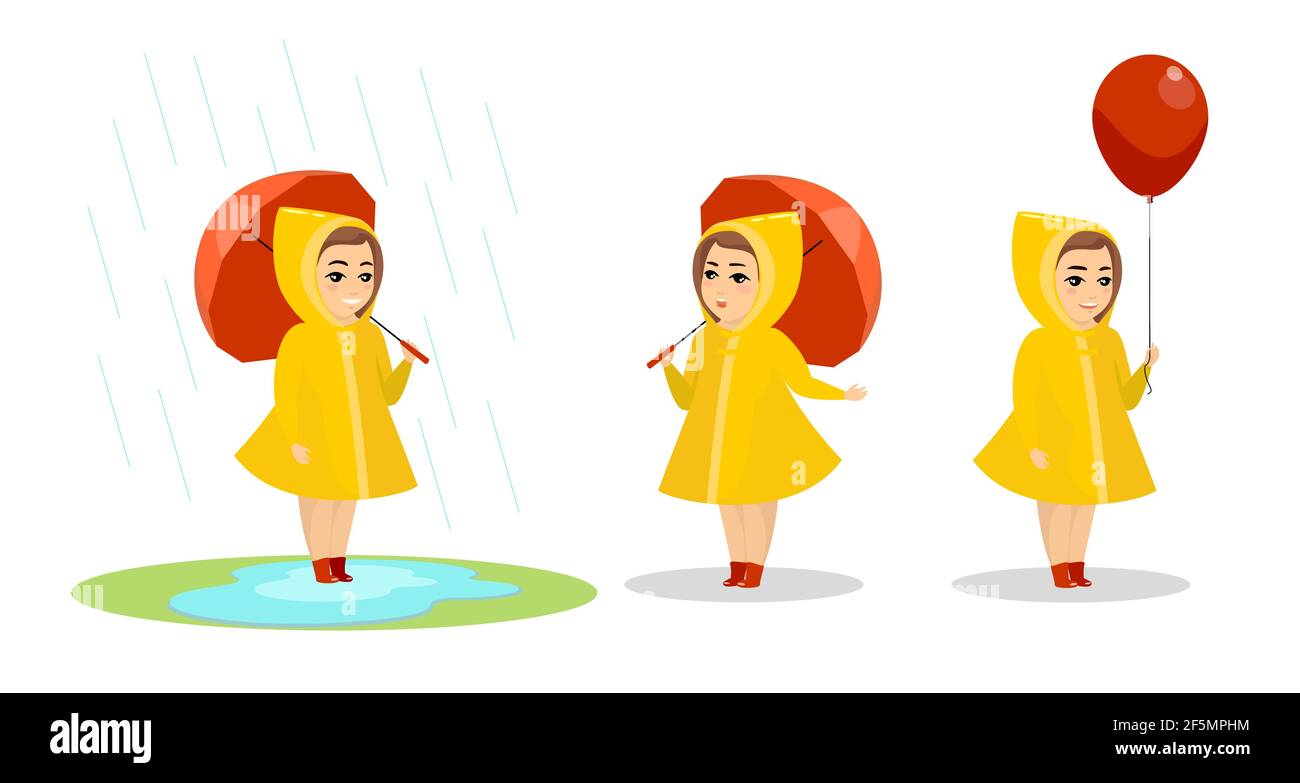 Little smiling child girl in yellow raincoat and rubber boots standing with umbrella in puddle. After rain cute female preschool character holding red balloon. Vector cartoon eps illustration Stock Vector