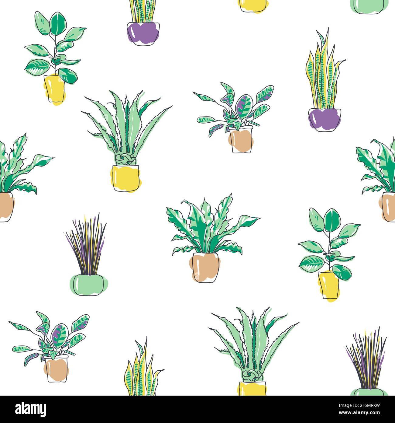 Colorful seamless pattern of trendy stylish houseplants. Plants in pots ...