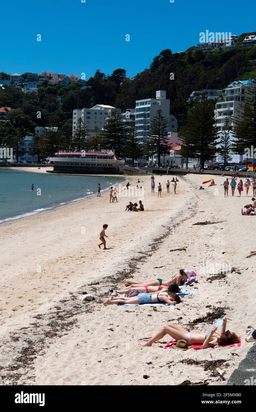 Central city beach, Oriental Bay, Wellington, North Island, New Zealand Stock Photo