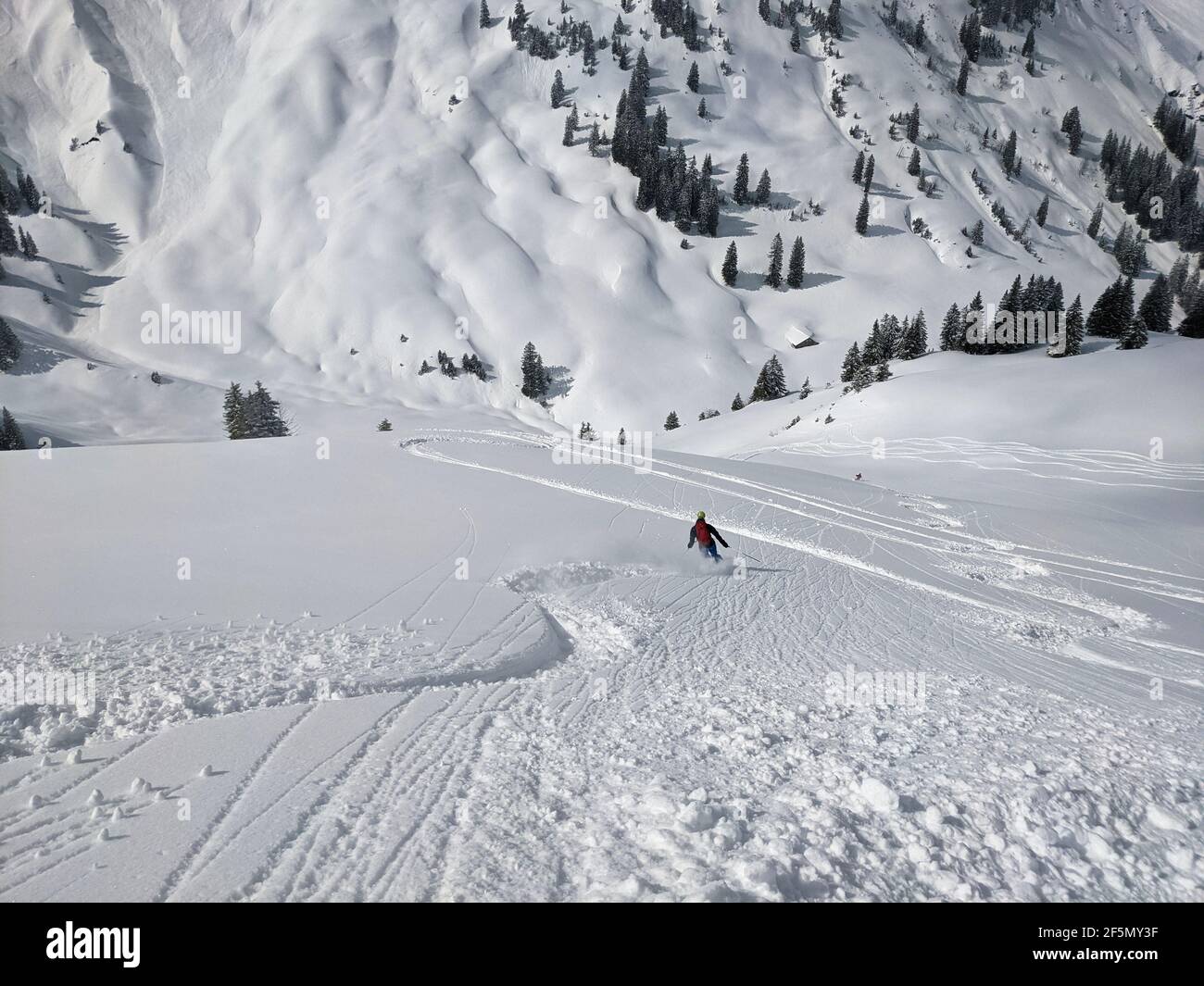 Downhill fun in deep powder snow with the free touring skis in the mountains of glarus. Winter landscape. mountaineering Stock Photo