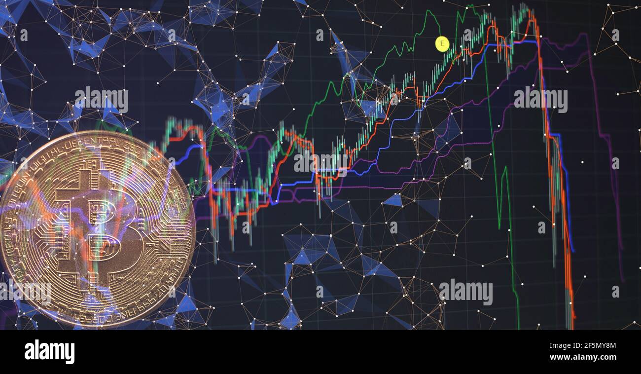 Bitcoin and cryptocurrency trading system concept. Bitcoin coins with  global trading exchange market price chart in the background Stock Photo -  Alamy