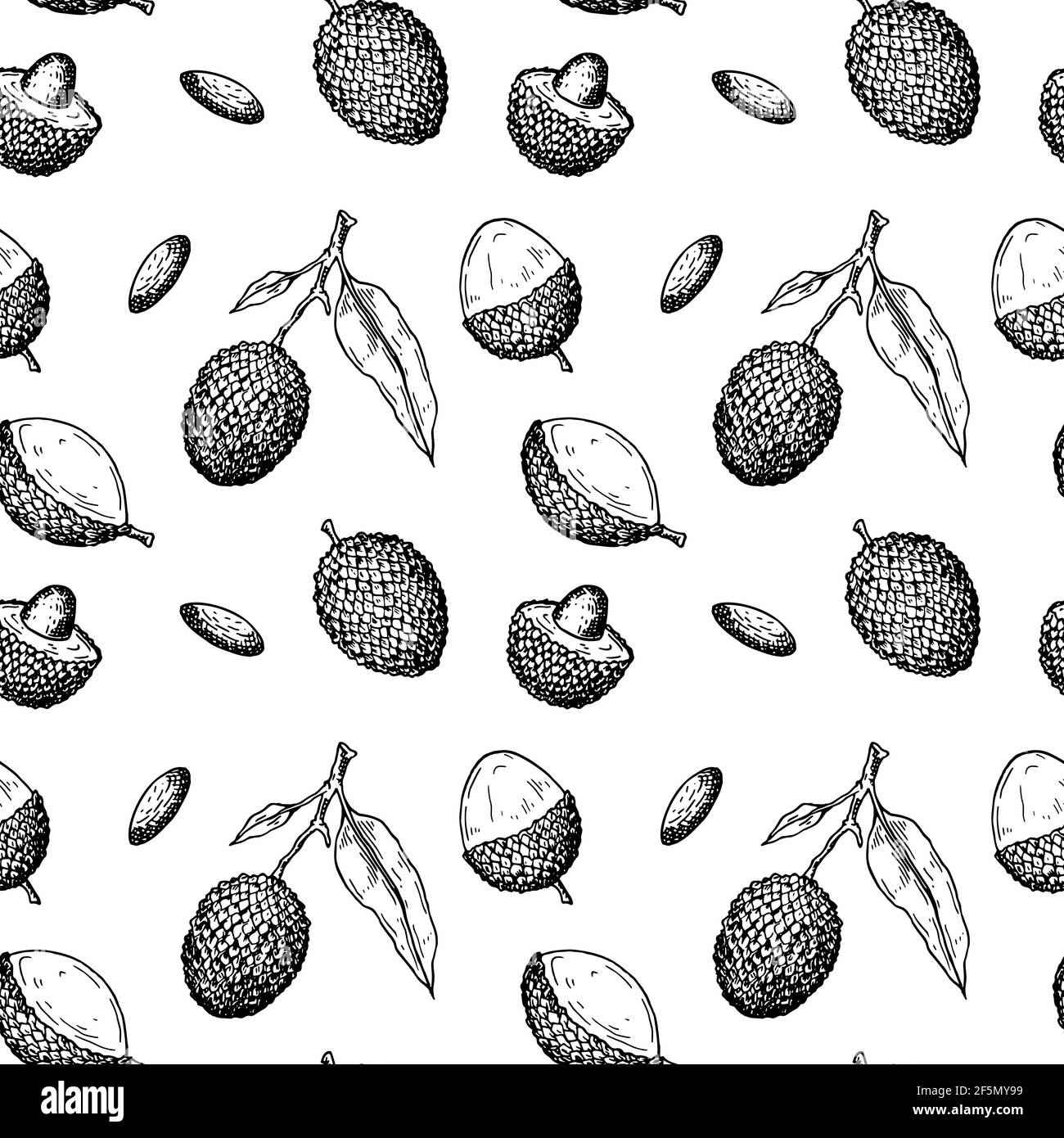 Hand drawn lychee fruit seamless pattern. Vector illustration in botanical sketch style Stock Vector