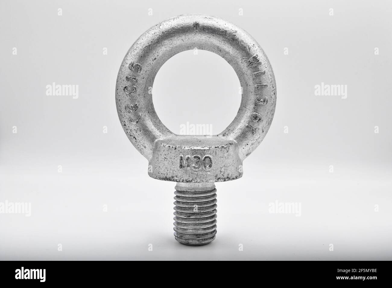 Galvanized steel metal with metric 30 eye bolt, isolated on white