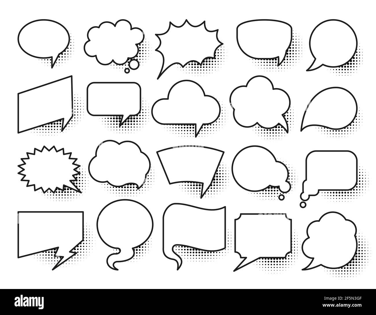 Speech bubble pop art set. Comic text frames with black halftone shadows.  Vintage cartoon banners speak, think, idea sign. Retro empty cloud bubbles  f Stock Photo - Alamy