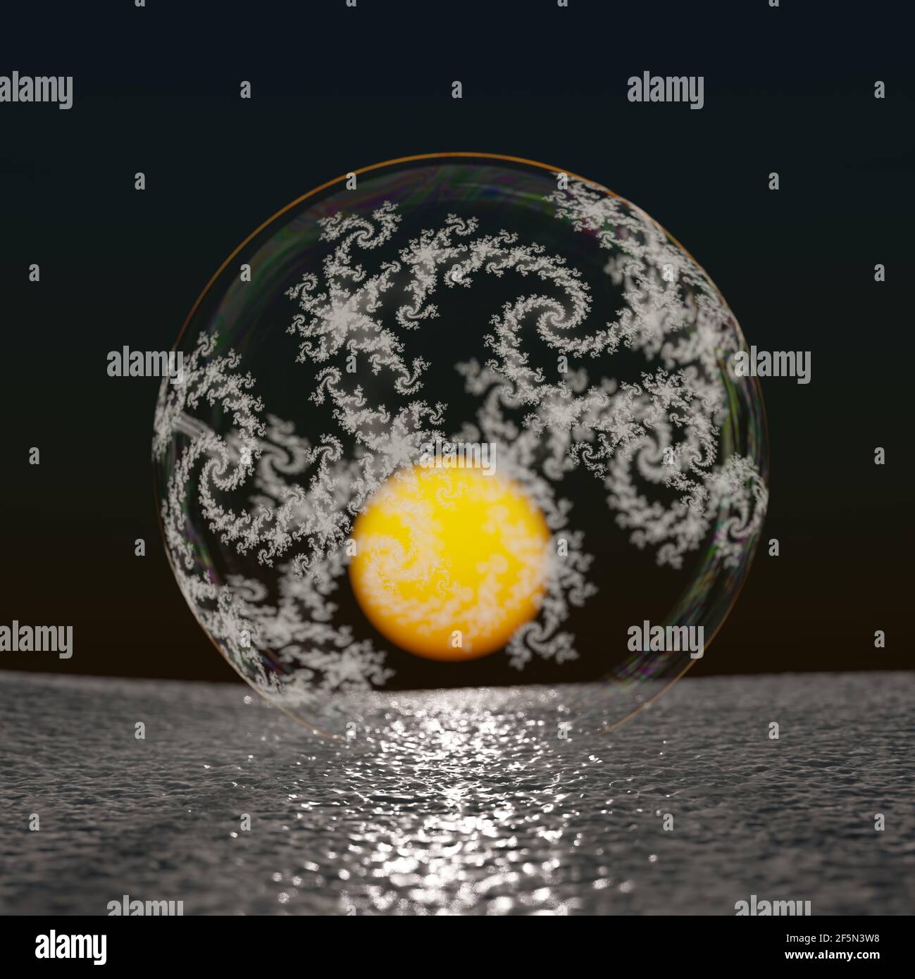 Frozen soap bubble and fractals math, with sun disk, 3D rendering, Stock Photo