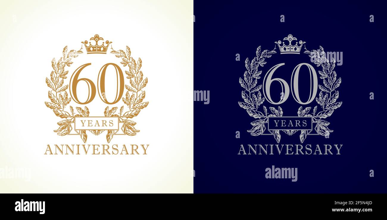 60 years old luxury logotype. Congratulating 60th numbers gold color framed in palms. Heraldic congrats concept. Celebrating tradition six and zero di Stock Vector