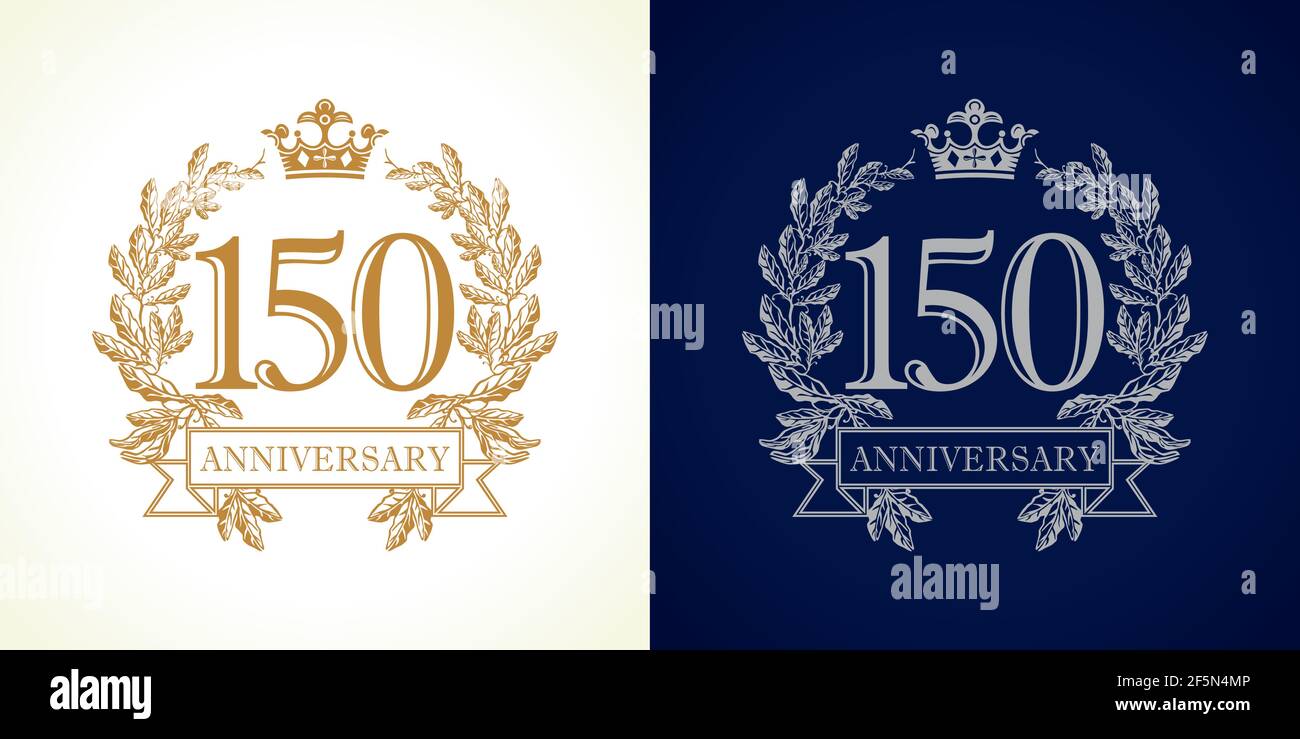 150 years old luxury logotype. Congratulating 150th numbers, heraldic gold color frame. Congrats concept. Celebrating tradition one, five and zero dig Stock Vector