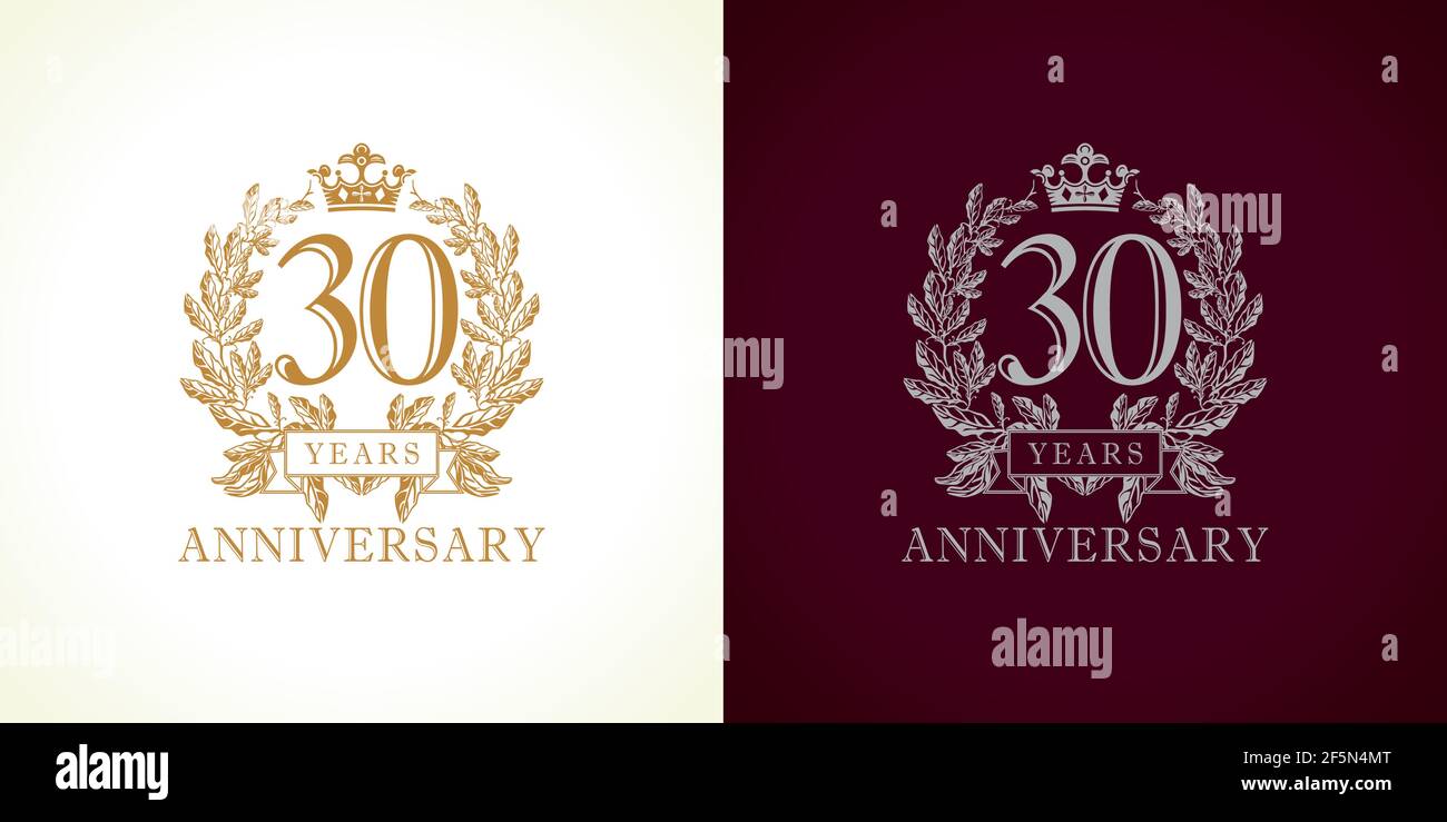 30 years old luxury logotype. Congratulating 30th numbers gold color template framed in palms. Isolated congrats design. Celebrating tradition thirty Stock Vector