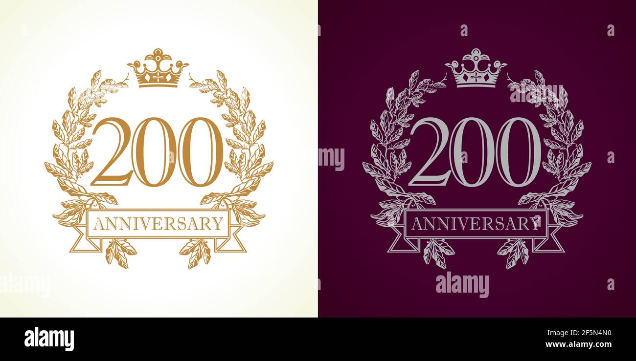 200 years old luxury logotype. Congratulating 200th numbers gold color framed in palms. Heraldic congrats concept. Celebrating two, zero digits, first Stock Vector